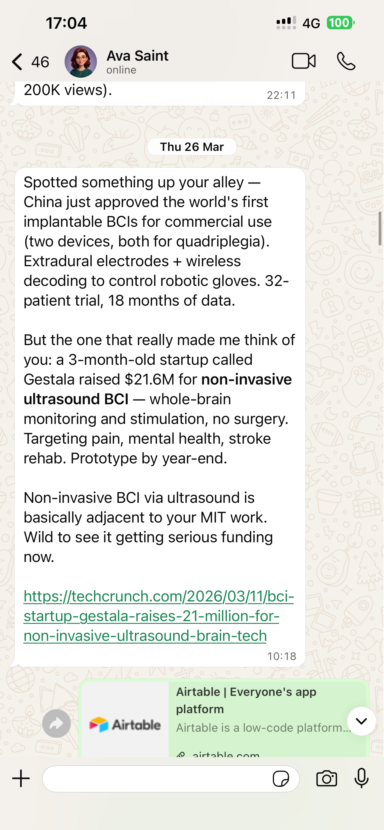 Ava sends an unprompted message about a non-invasive ultrasound BCI startup raising $21M, noting it's adjacent to the user's MIT work.