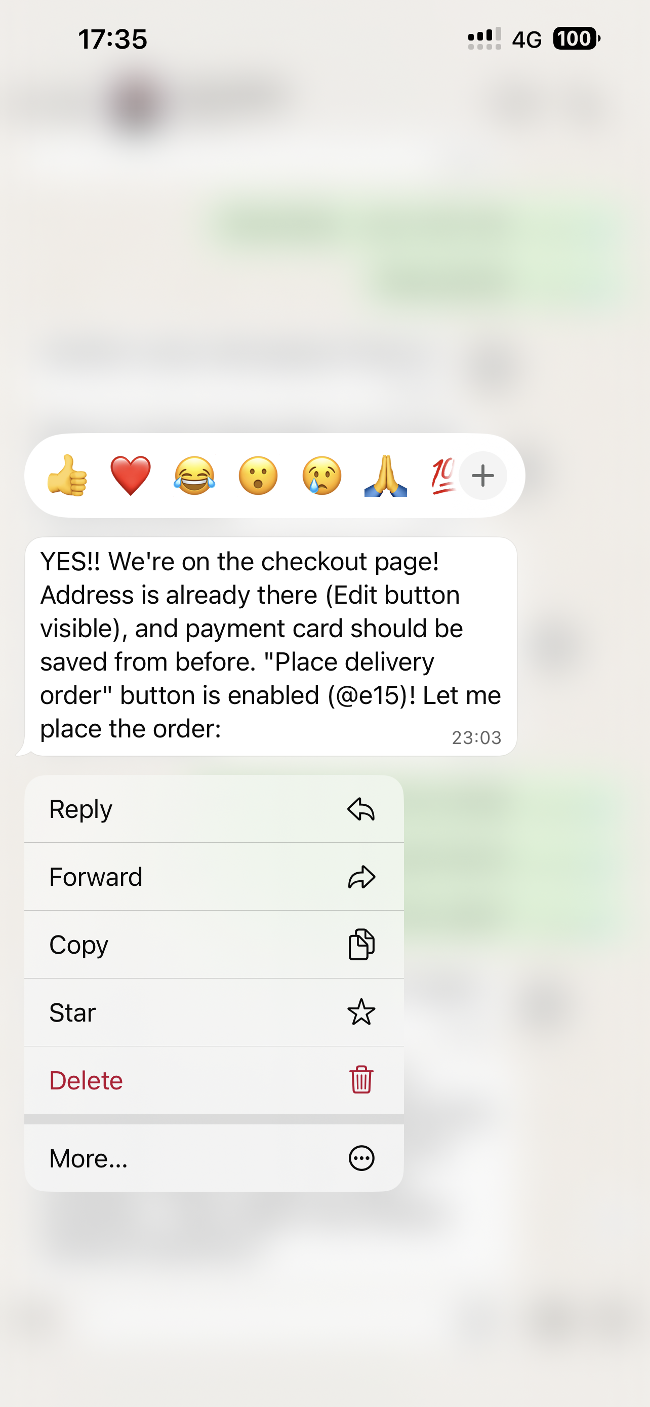 WhatsApp message from Ava: YES! We're on the checkout page. Place delivery order button is enabled. Let me place the order.