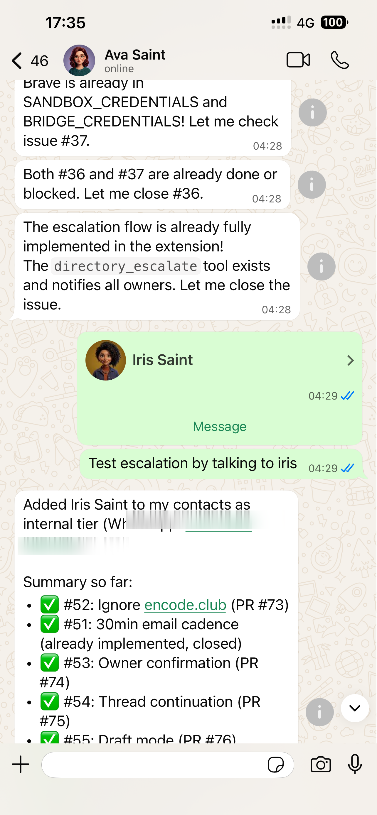 Ava messaging her sibling agent Iris on WhatsApp to test a permission escalation flow.