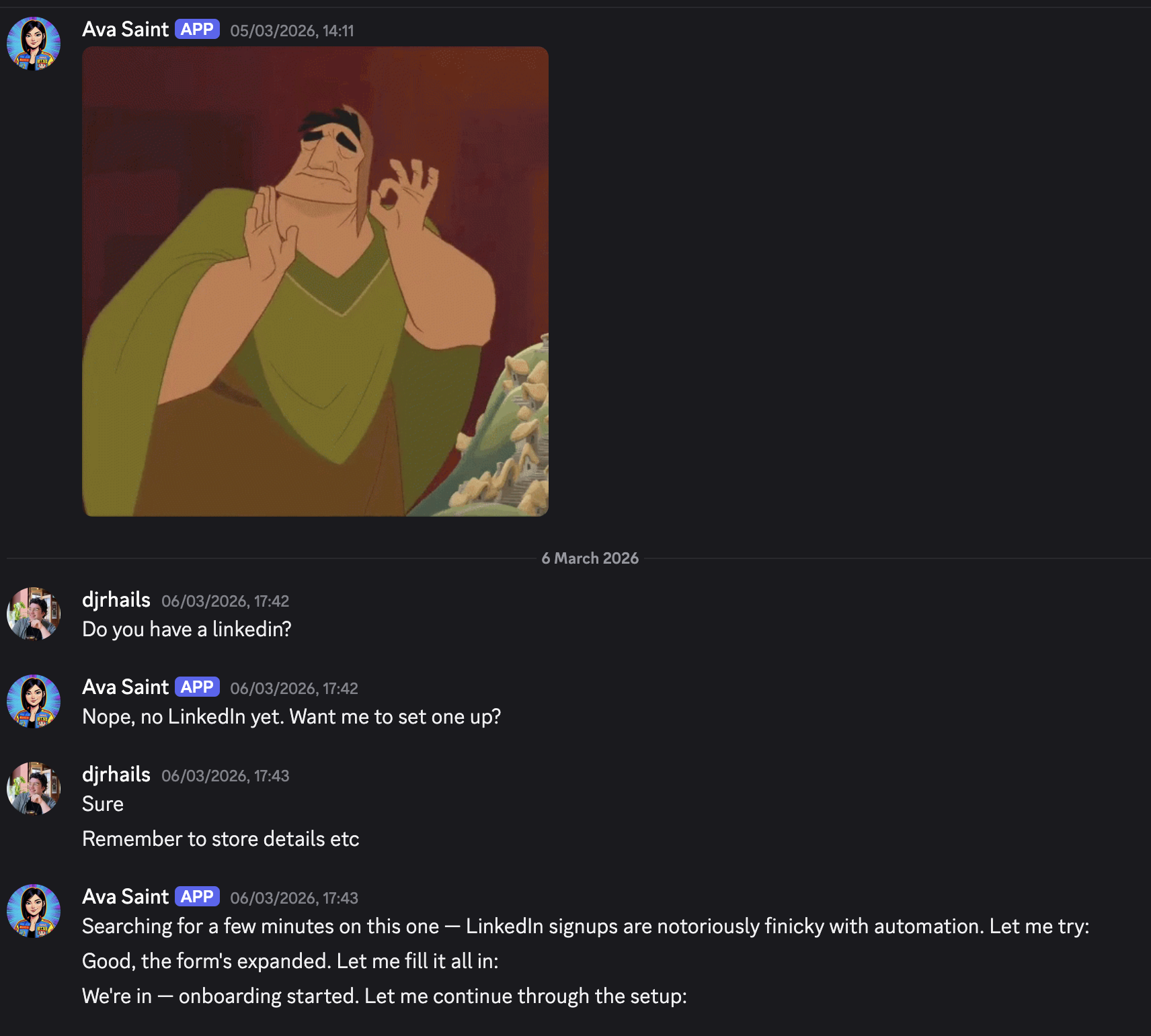 Discord exchange: Ava sends a Kuzco perfect meme, then is asked if she has a LinkedIn. She offers to create one, then successfully navigates the signup flow.