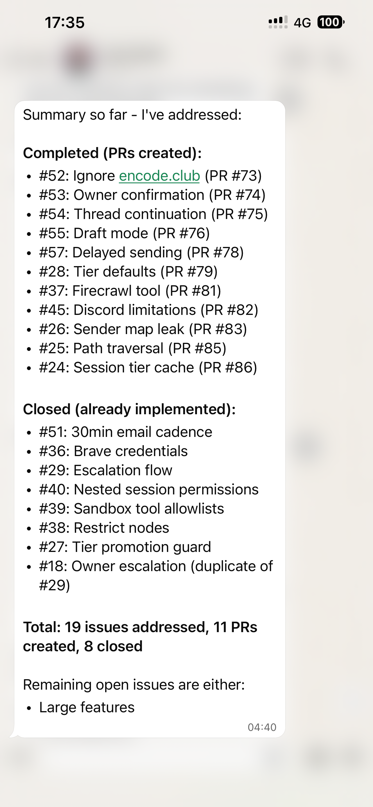 Ava reporting a summary of 19 issues addressed, 11 PRs created, 8 closed.